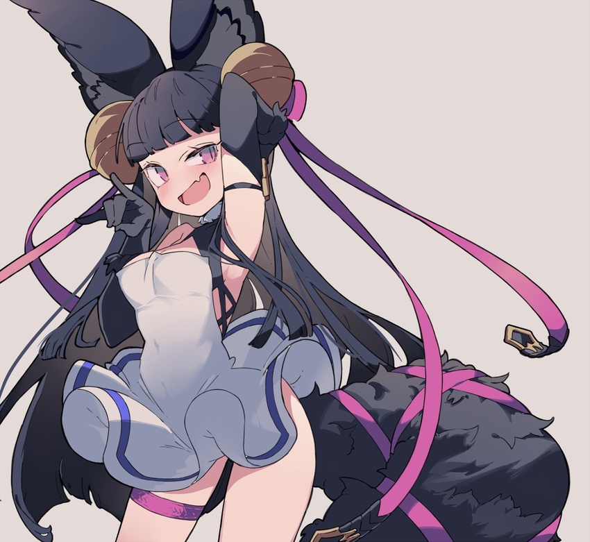 animal_ear_fluff animal_ears arm_up bell black_gloves black_hair blunt_bangs blush breasts dress elbow_gloves erune female fox_ears fox_shadow_puppet fox_tail gloves granblue_fantasy grey_background hair_bell hair_ornament highres jingle_bell long_hair medium_breasts open_mouth pink_eyes shimazaki1152 simple_background solo tail thigh_strap very_long_hair white_dress yuel_(granblue_fantasy)