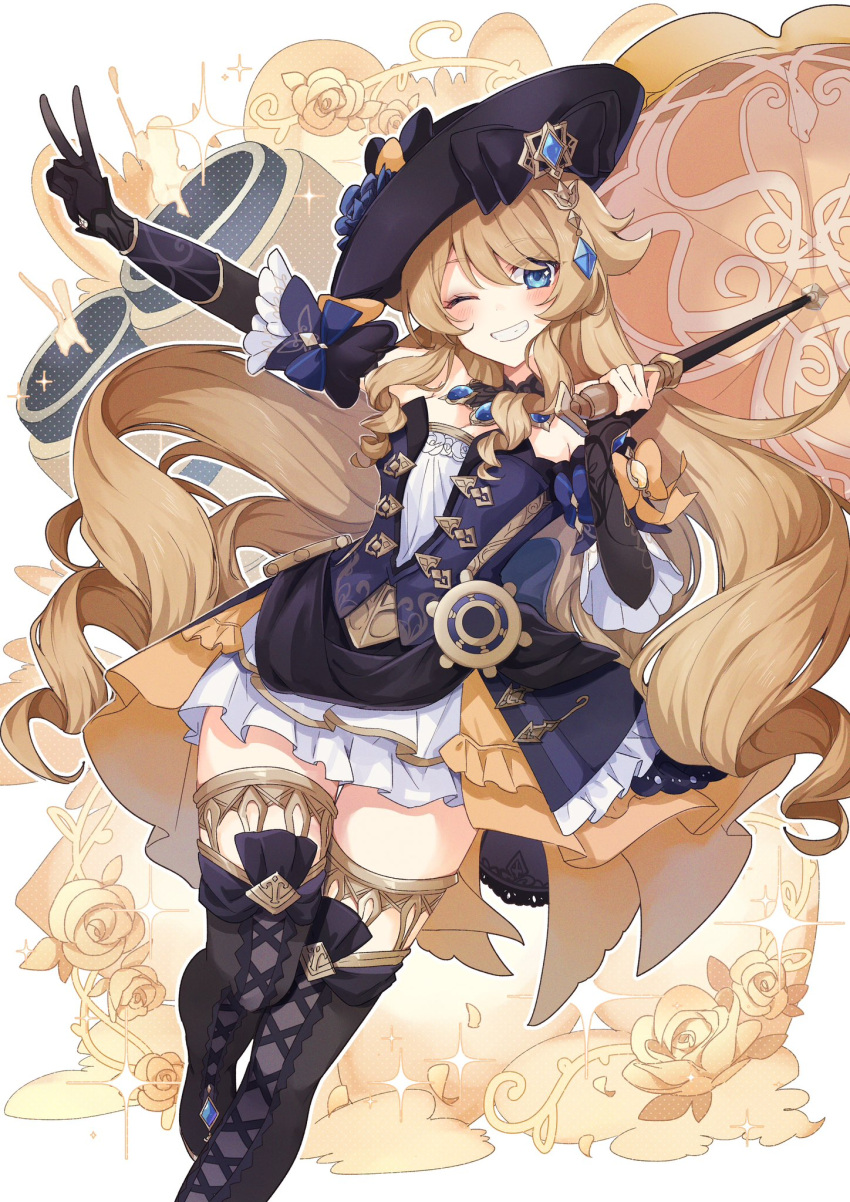 bare_shoulders black_flower black_gloves black_hat black_rose blonde_hair blue_eyes blue_gemstone blush breasts detached_sleeves dress drill_hair drill_sidelocks female flower frilled_umbrella frills gem genshin_impact gloves grin hat hat_flower highres holding holding_umbrella jewelry lace-trimmed_collar lace_trim long_hair looking_at_viewer navia_(genshin_impact) one_eye_closed open_mouth parasol rose shirase_(shirose) sidelocks smile solo strapless strapless_dress thighs umbrella v very_long_hair yellow_flower