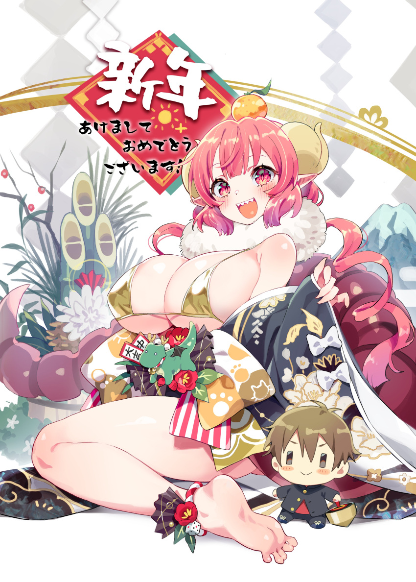 absurdres aida_taketo barefoot bikini black_kimono blunt_bangs blush bow breasts character_doll chinese_zodiac dice dragon_girl dragon_horns dragon_tail feet female flower food food_on_head fruit fur_collar gold_bikini gradient_hair highres horns huge_breasts ilulu_(maidragon) japanese_clothes kimono kobayashi-san_chi_no_maidragon kunikune long_hair long_sleeves looking_at_viewer multicolored_hair object_on_head open_mouth pink_hair pointy_ears print_kimono red_flower sharp_teeth slit_pupils soles solo string_bikini swimsuit tail teeth thighs translated underboob very_long_hair white_bow wide_sleeves year_of_the_dragon