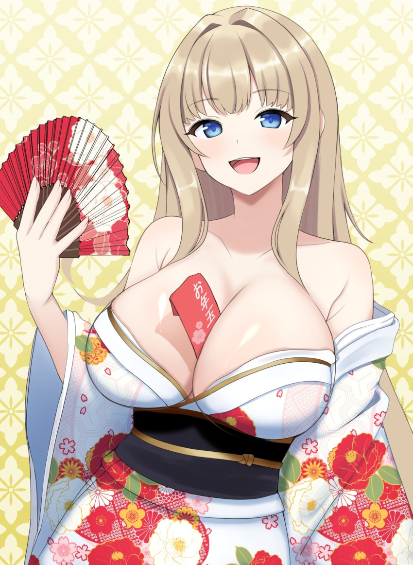 bare_shoulders between_breasts blonde_hair blue_eyes breasts collarbone commentary dolphin_wave female floral_print floral_print_kimono hair_intakes hand_fan hand_up highres holding holding_fan japanese_clothes kimono kirahoshi_kanna large_breasts long_hair long_sleeves looking_at_viewer obi open_mouth paid_reward_available sash smile solo surippa1010 teeth upper_teeth_only white_kimono wide_sleeves yellow_background