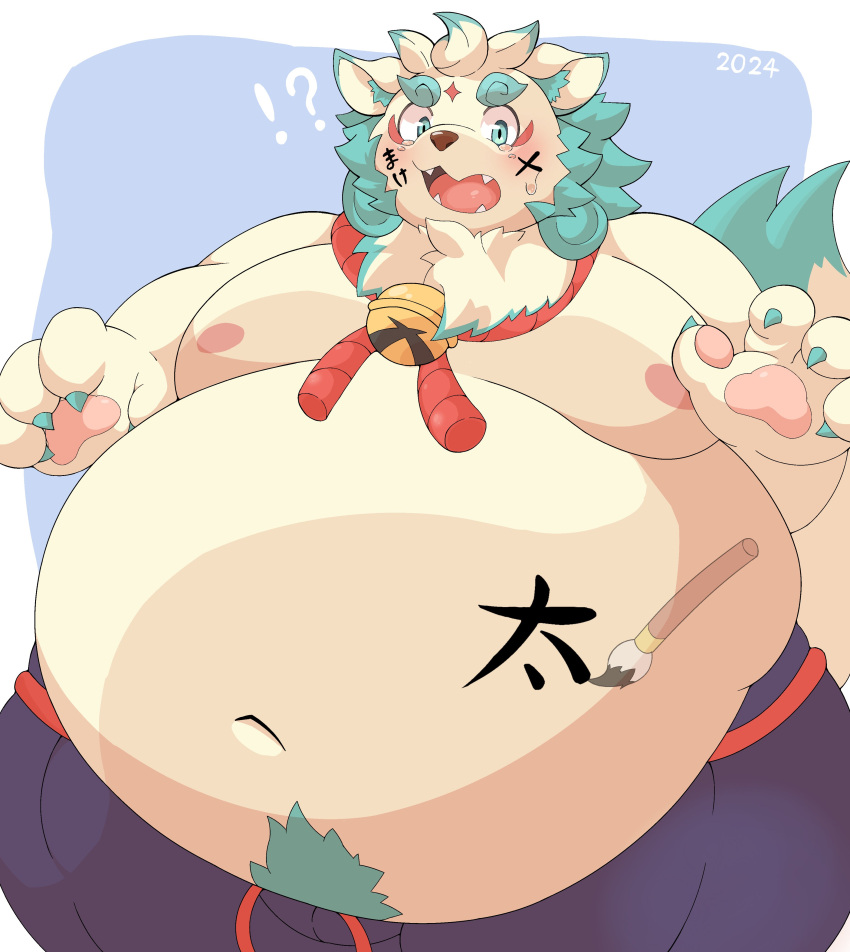 0907_kapi 2024 absurd_res agyo_(tas) anthro asian_mythology belly big_belly blush bottomwear brush clothing east_asian_mythology exclamation_point foo_dog hi_res japanese_mythology kemono komainu lifewonders male mammal moobs mythology navel nipples obese obese_male overweight overweight_male paintbrush pants question_mark simple_background solo surprise tokyo_afterschool_summoners yokai