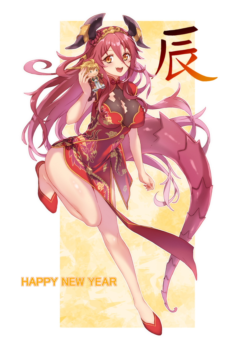 :d breasts character_doll china_dress chinese_clothes cleavage doll dragalia_lost dragon_horns dragon_tail dress ekra euden female full_body hair_between_eyes happy_new_year highres holding holding_doll horns large_breasts leg_up long_bangs long_hair looking_at_viewer mym_(dragalia_lost) oerba_yun_fang open_mouth red_dress red_eyes red_footwear red_hair skin_fang smile solo tail very_long_hair