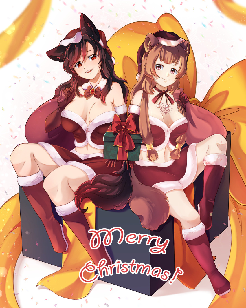 2girls absurdres alternate_costume animal_ear_fluff animal_ears bag bare_shoulders boots bow bowtie breasts breasts_apart brooch brown_hair chest_tattoo christmas christmas_present closed_mouth commentary confetti crossover detached_collar dungeon_toaster elbow_gloves english_commentary fangs fur-trimmed_gloves fur-trimmed_skirt fur-trimmed_tube_top fur_boots fur_collar fur_trim gift gloves hair_between_eyes hair_tubes hat highres holding holding_bag holding_gift imaizumi_kagerou incoming_gift jewelry knee_boots large_breasts light_smile long_hair looking_at_viewer medium_breasts merry_christmas midriff multiple_girls navel neck_ribbon open_mouth pom_pom_(clothes) raccoon_ears raccoon_girl raccoon_tail raphtalia red_bag red_bow red_bowtie red_brooch red_eyes red_footwear red_gloves red_ribbon red_skirt red_tube_top ribbon santa_boots santa_costume santa_hat sidelocks sitting skirt slave_brand smile strapless tail tate_no_yuusha_no_nariagari tattoo touhou tube_top white_background wolf_ears wolf_girl wolf_tail yellow_bow