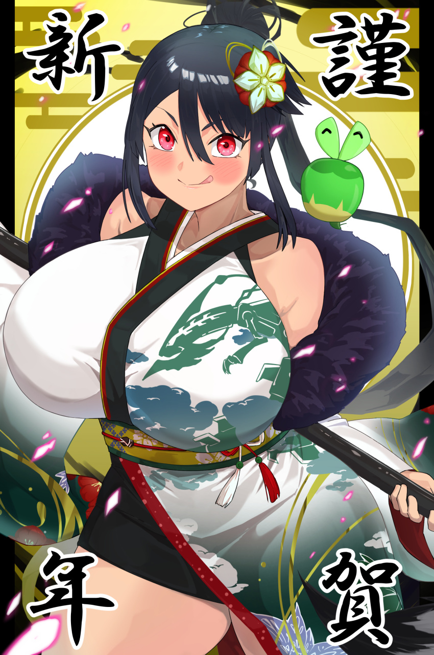 :q absurdres aged_up alternate_breast_size alternate_color alternate_costume applin bare_shoulders black_hair breasts commentary_request cowboy_shot dark-skinned_female dark_skin detached_sleeves feather_boa female hair_between_eyes hair_ornament highres hizakake holding holding_staff huge_breasts japanese_clothes kimono long_hair looking_at_viewer mega_rayquaza obi on_shoulder pokemon pokemon_(creature) pokemon_on_shoulder pokemon_oras ponytail print_kimono rayquaza red_eyes sash shiny_pokemon sleeveless sleeveless_kimono smile solo_focus staff standing tongue tongue_out very_long_hair white_kimono zinnia_(pokemon)