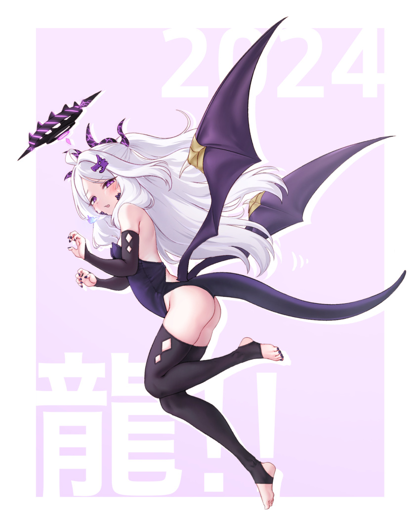 ahoge ass bare_back black_leotard black_nails black_thighhighs blue_archive chinese_zodiac claw_pose commentary_request dragon_girl dragon_hair_ornament dragon_horns dragon_tail dragon_wings feet female from_side greenteamousou hair_ornament hairclip half_updo halo highleg highleg_leotard highres hina_(blue_archive) horns korean_commentary leaning_forward legs leotard long_hair looking_at_viewer looking_to_the_side nail_polish no_shoes nontraditional_playboy_bunny parted_bangs purple_eyes scales sidelocks simple_background soles solo standing standing_on_one_leg stirrup_legwear strapless strapless_leotard tail thighhighs toeless_legwear toenail_polish toenails toes two-tone_background wavy_hair white_hair wings year_of_the_dragon