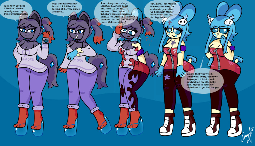 7:4 absurd_res alternate_costume anthro big_breasts black_body black_fur blue_body blue_fur body_size_growth breasts clothed clothing clothing_swap colored confusion dialogue english_text female footwear fur generation_3_pokemon generation_5_pokemon hair_growing hi_res hypnosis mind_alteration mind_control minun nintendo personality_change platform_footwear platform_shoes pokemon pokemon_(species) red_body red_fur sequence shoes size_transformation sneakers solo soropin species_transformation speech_bubble spiral_eyes tan_body tan_fur text thick_thighs transformation wedge_(footwear) zorua