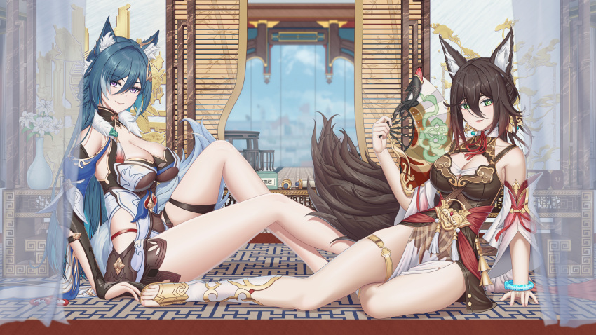 2girls absurdres animal_ears arm_support bare_shoulders black_hair blue_hair breasts chinese_commentary cleavage commentary_request curtains detached_sleeves feet folding_fan fox_ears gloves green_eyes hair_between_eyes hand_fan highres holding holding_fan honkai:_star_rail honkai_(series) knee_up large_breasts legs long_hair multiple_girls partially_fingerless_gloves purple_eyes revision suzhi2333 thigh_strap thighlet thighs tingyun_(honkai:_star_rail) toeless_footwear toenails toes very_long_hair yukong_(honkai:_star_rail)