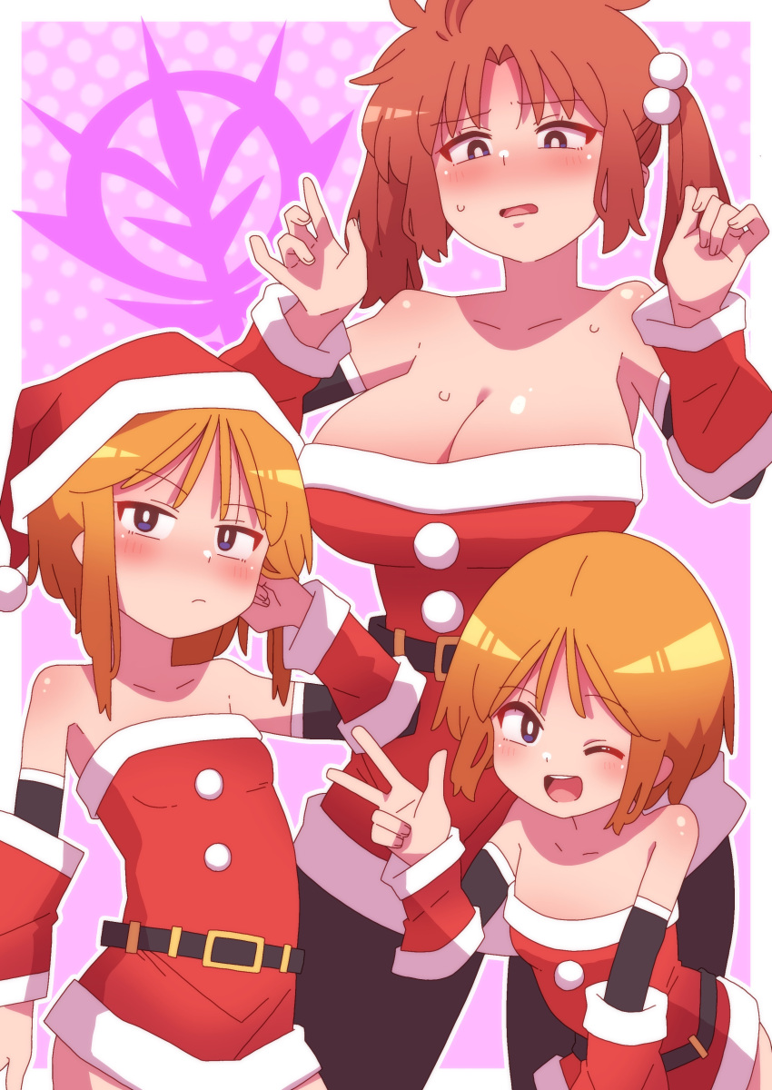 3girls absurdres breasts brown_hair christmas cleavage elpeo_puru gundam gundam_unicorn gundam_zz highres large_breasts marida_cruz multiple_girls onimaru_(onimal7802) open_mouth orange_hair puru_two santa_costume short_hair siblings sisters small_breasts twins