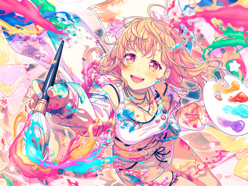 badge bang_dream! blush button_badge choker colorful crop_top dolphin_shorts ear_piercing earrings female floating_hair from_above hair_ornament hairclip hiromachi_nanami holding holding_paintbrush jacket jacket_partially_removed jewelry necklace official_art open_mouth paint paint_splatter paintbrush painting_(action) palette_(object) piercing pink_eyes pink_hair shorts sitting smile solo strap_slip thighlet third-party_source