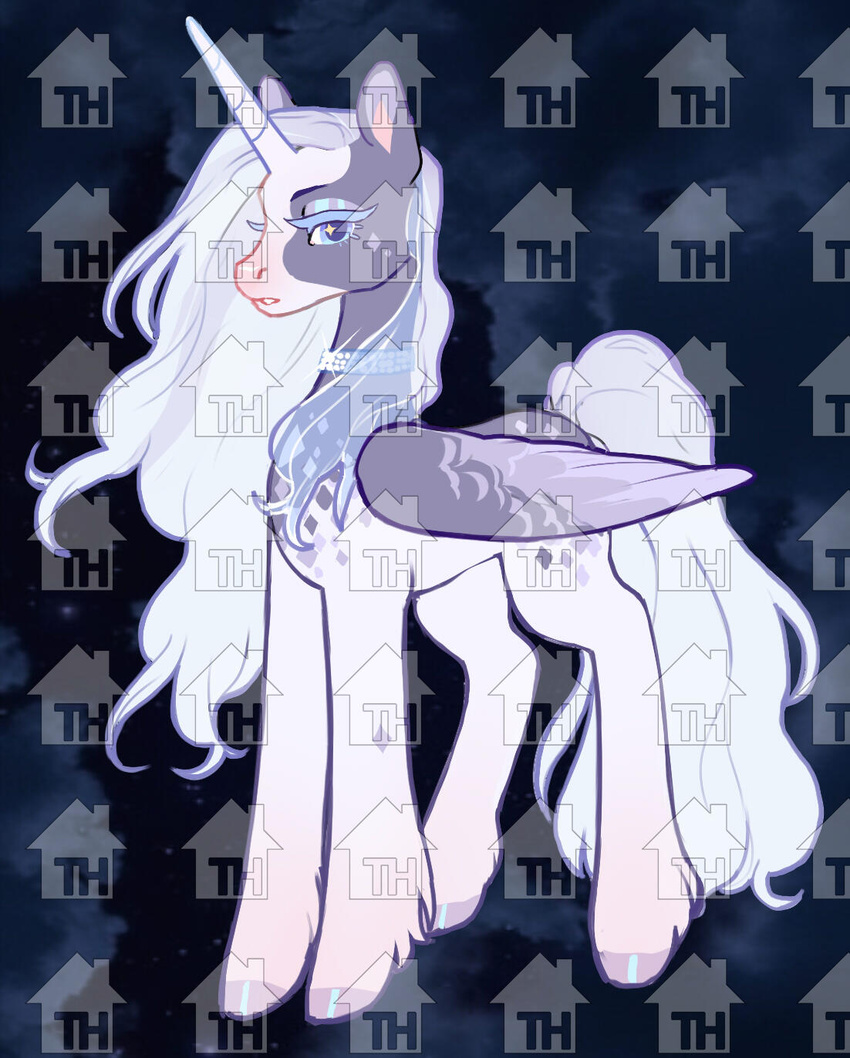 1_horn 2023 all_fours ambiguous_gender blue_background blue_eyelashes equid equine eyelashes feathered_wings feathers feral fluffy fluffy_tail full-length_portrait fur grey_body grey_fur hi_res hooves horn looking_at_viewer mammal mane mythological_creature mythological_equine mythology nsfwzhenya portrait side_view simple_background snout solo sparkles sparkling_eyes tail unicorn unicorn_horn watermark white_body white_fur white_mane white_tail wings