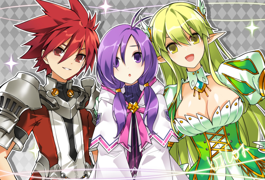 1boy 2girls aisha_landar antenna_hair armor breasts cleavage commentary_request corset detached_collar dress elemental_master_(elsword) elf elsword elsword_(character) grand_archer_(elsword) green_dress green_eyes green_hair hair_between_eyes hair_ornament head_wings hood hood_down large_breasts long_hair looking_at_viewer lord_knight_(elsword) multiple_girls open_mouth pointy_ears purple_eyes purple_hair purple_sweater red_eyes red_hair red_shirt rena_erindel ribbed_sweater robe shirt shoulder_armor spiked_hair sweater turtleneck turtleneck_sweater twintails very_long_hair vilor white_robe wings