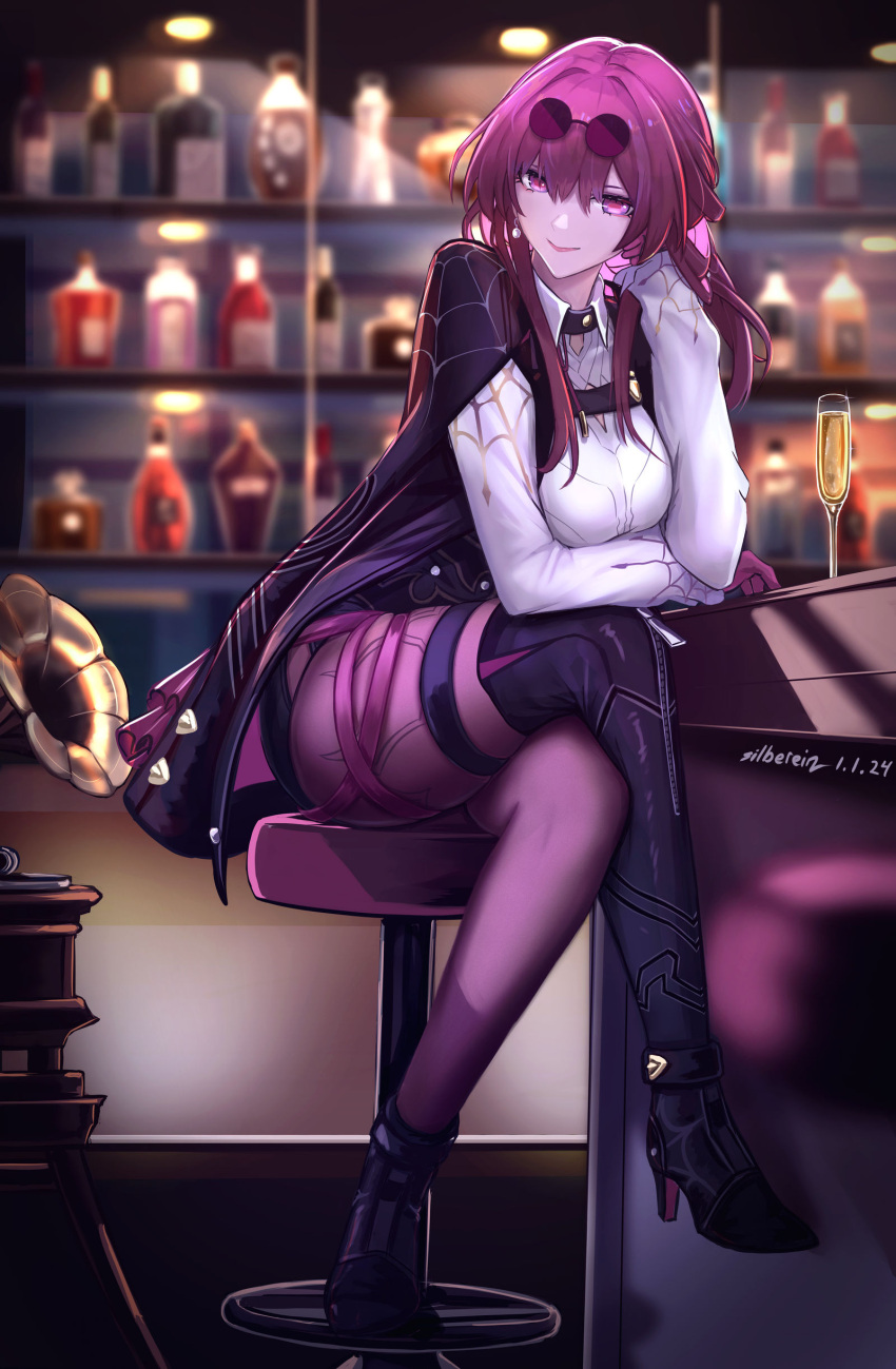 absurdres alcohol bar_(place) bar_stool black_jacket breasts chair collared_shirt commentary counter crossed_legs drink english_commentary eyewear_on_head female full_body gloves hair_between_eyes highres honkai:_star_rail honkai_(series) jacket kafka_(honkai:_star_rail) large_breasts legs long_hair long_sleeves looking_at_viewer pantyhose purple_eyes purple_gloves purple_hair round_eyewear shirt silberein sitting smile solo stool sunglasses thighs white_shirt