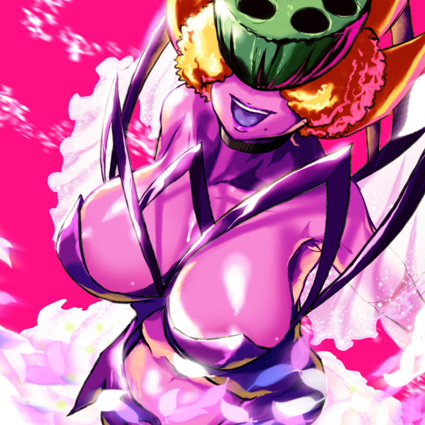 :d black_choker breasts choker colored_skin colored_tongue covered_eyes digimon digimon_(creature) female gerusyu highres large_breasts lotusmon mole mole_under_mouth open_mouth pink_skin purple_tongue smile solo teeth upper_teeth_only