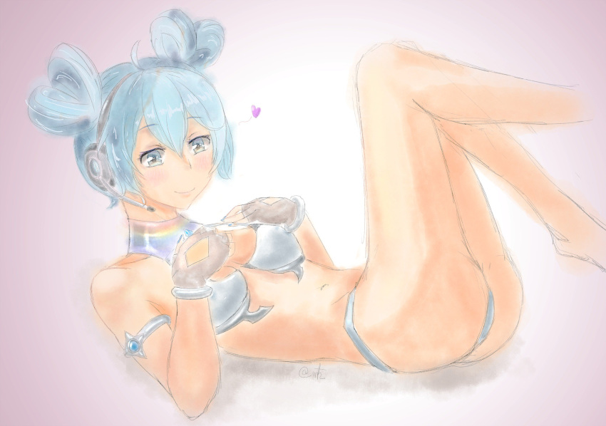 aqua_eyes aqua_hair aqua_nails bikini black_gloves dark_skin double_bun female fingerless_gloves gloves goodsmile_racing hair_bun hatsune_miku headset heart_hair_bun highres looking_at_viewer lying mitsuru_aga nail_polish navel on_back racing_miku racing_miku_(2013) racing_miku_(2013_sepang_ver.) solo stomach swimsuit tan vocaloid white_bikini