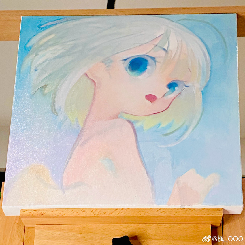 absurdres ahoge blue_eyes blue_sky cloud colored_eyelashes commentary day female from_side frown highres kaede_(shijie_heping) looking_at_viewer one-hour_drawing_challenge open_mouth original outdoors painting_(medium) photo_(medium) pointy_nose short_hair sky solo topless traditional_media upper_body watermark weibo_logo weibo_watermark white_hair