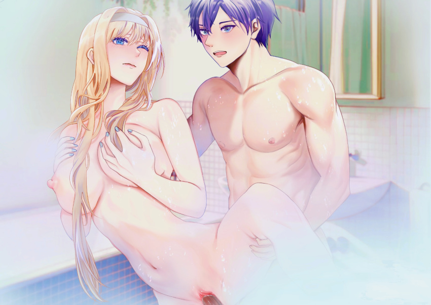 1boy alice_zuberg arm_held_back bath black_hair blonde_hair blue_eyes blue_nails breasts commentary completely_nude dark_penis ellen07 english_commentary female hairband happy_sex highres kirito large_breasts leg_lift mixed-sex_bathing nipples nude penis pussy sex sex_from_behind shared_bathing standing standing_sex straight sword_art_online sword_art_online:_alicization tile_wall tiles uncensored vaginal_penetration water white_hairband