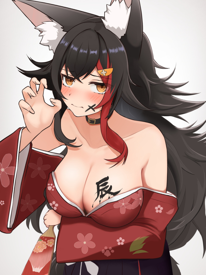 absurdres animal_ear_fluff animal_ears bare_shoulders black_collar black_hair body_writing breasts cleavage closed_mouth collar commentary female floral_print floral_print_kimono grey_background highres hololive japanese_clothes kimono large_breasts long_hair looking_at_viewer micon multicolored_hair new_year official_alternate_costume ookami_mio ookami_mio_(new_year) print_kimono red_hair red_kimono simple_background solo streaked_hair symbol-only_commentary tail virtual_youtuber wolf_ears wolf_girl wolf_tail