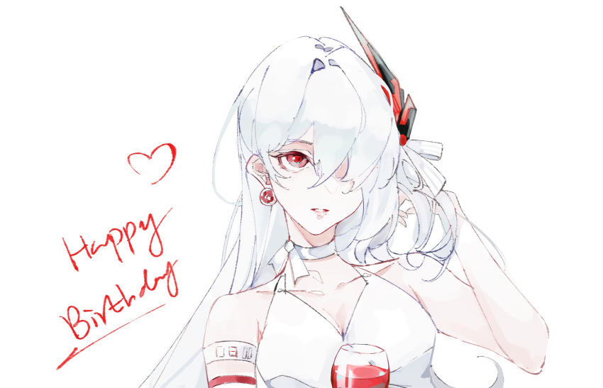 adjusting_hair alcohol alpha_(punishing:_gray_raven) alternate_costume armlet bare_shoulders breasts chinese_commentary cleavage collarbone commentary cup drawn_heart dress drinking_glass earrings eoo_eewei female hair_intakes hair_over_one_eye hair_ribbon halter_dress halterneck hand_up happy_birthday headgear highres jewelry looking_at_viewer lucia:_crimson_abyss_(punishing:_gray_raven) medium_breasts neck_ribbon one_eye_covered parted_lips punishing:_gray_raven red_eyes ribbon simple_background single_bare_arm solo upper_body white_background white_dress white_hair white_ribbon wine wine_glass