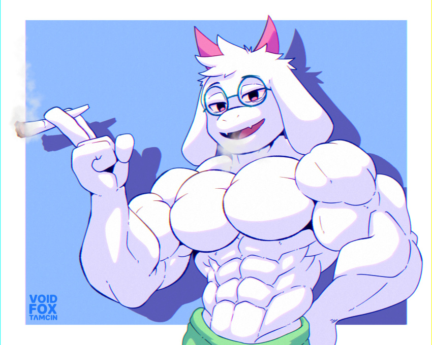 2023 5:4 abs absurd_res anthro biceps big_muscles blue_background border bottomwear bovid caprine clothed clothing darkner deltarune deltoids drugs eyewear fur glasses goat hi_res horn huge_muscles looking_at_viewer male mammal marijuana mario_smoking_weed muscular muscular_anthro muscular_male narrowed_eyes open_mouth open_smile pants pecs ralsei ralsei_smoking_blunt red_eyes serratus shadow simple_background smile smoke smoking solo standing stoned substance_intoxication topless topless_anthro topless_male triceps tuft undertale_(series) voidfoxtamcin white_border