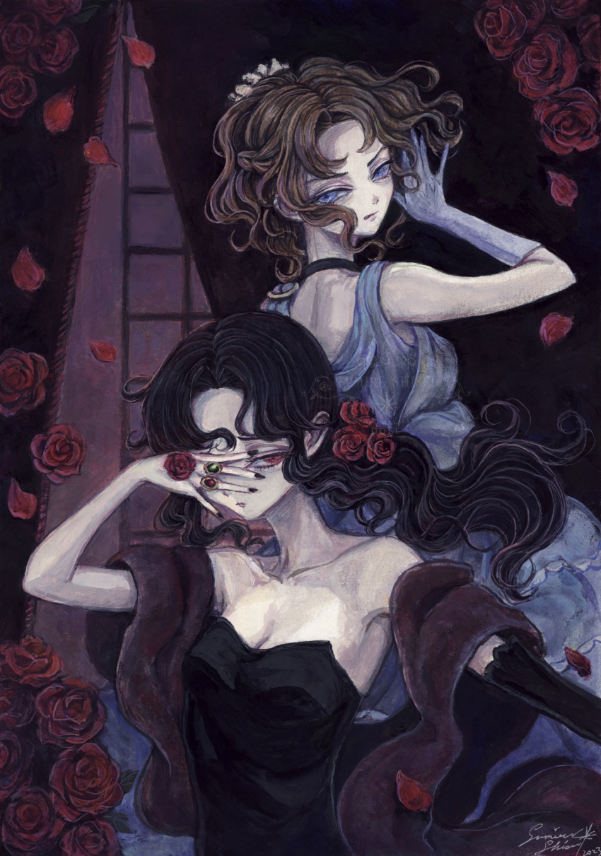 2girls absurdres acrylic_paint_(medium) bara_to_tsubaki bara_to_tsubaki_2 bare_shoulders black_choker black_hair black_nails blue_eyes breasts brown_hair choker cleavage dated dress flower gloves grey_gloves hand_over_eye hand_up highres indoors jewelry long_hair looking_at_viewer looking_back medium_breasts medium_hair multiple_girls painting_(medium) petals red_eyes ring rose signature small_breasts sumire_shisei traditional_media tsubakikoji_reiko tsubakikoji_saori watermark window