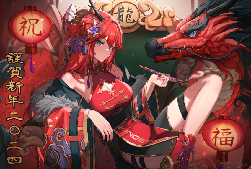 black_horns black_nails blue_eyes breasts china_dress chinese_clothes chinese_zodiac cleavage cleavage_cutout closed_mouth clothing_cutout commentary_request dolce_(dolsuke) dragon dress eastern_dragon female fingernails highres holding holding_smoking_pipe horns kiseru long_hair looking_at_viewer medium_breasts nail_polish nengajou new_year original red_dress red_footwear red_hair shoes sitting smile smoking_pipe solo thighs translation_request year_of_the_dragon