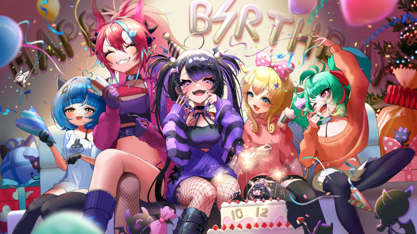 5girls ahoge arm_up balloon birthday_cake black_footwear black_gloves black_hair black_nails black_pantyhose black_sleeves black_socks black_thighhighs blonde_hair blue_eyes blue_hair boots bow box cake closed_eyes commission confetti coni_confetti crossed_legs dragon_girl dragon_horns eye_hair_ornament fangs fishnet_pantyhose fishnets food fork fruit gift gift_box gloves green_hair hair_ornament hairbow happy_birthday hat heart heart_ahoge highres holding holding_fork horns idol_corp jacket jewelry kai_saikota momo_otako multicolored_hair multiple_girls necklace one_eye_closed open_mouth orange_sweater pantyhose party_hat party_popper pink_bow pink_hair pink_jacket pink_sweater pleated_skirt pointy_ears poko_rakun polka_dot polka_dot_bow ponytail purple_eyes purple_gloves purple_hair purple_sleeves red_bow ribbed_sweater roca_rourin_(vtuber) second-party_source sharp_teeth single_fishnet_legwear skirt sleeves_past_wrists socks star_(symbol) star_hair_ornament strawberry streaked_hair streamers striped_sleeves sweater teeth tentacle_hair thighhighs tongue tongue_out twintails virtual_youtuber white_skirt yellow_eyes yuarima2