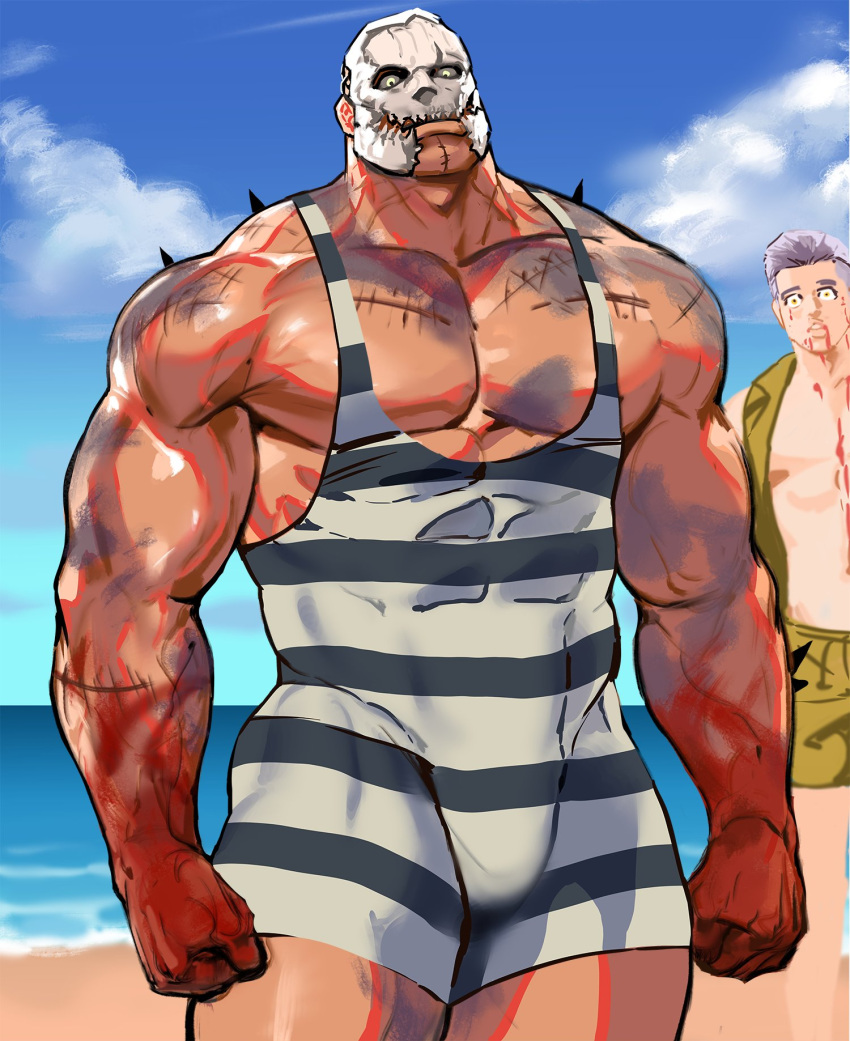 2boys abs bara bare_pectorals beach biceps blood blood_on_face blue_sky clenched_hands cloud cloudy_sky day dead_by_daylight dopey_(dopq) highres hooked_on_you large_pectorals looking_at_viewer male_focus male_swimwear mask multiple_boys muscular muscular_male ocean official_alternate_costume outdoors pectorals sand scar scar_on_arm scar_on_chest scar_on_face skull skull_mask sky smirk spikes the_trapper_(dead_by_daylight) the_trickster_(dead_by_daylight) thick_arms tight_clothes topless_male veins veiny_arms water yellow_eyes