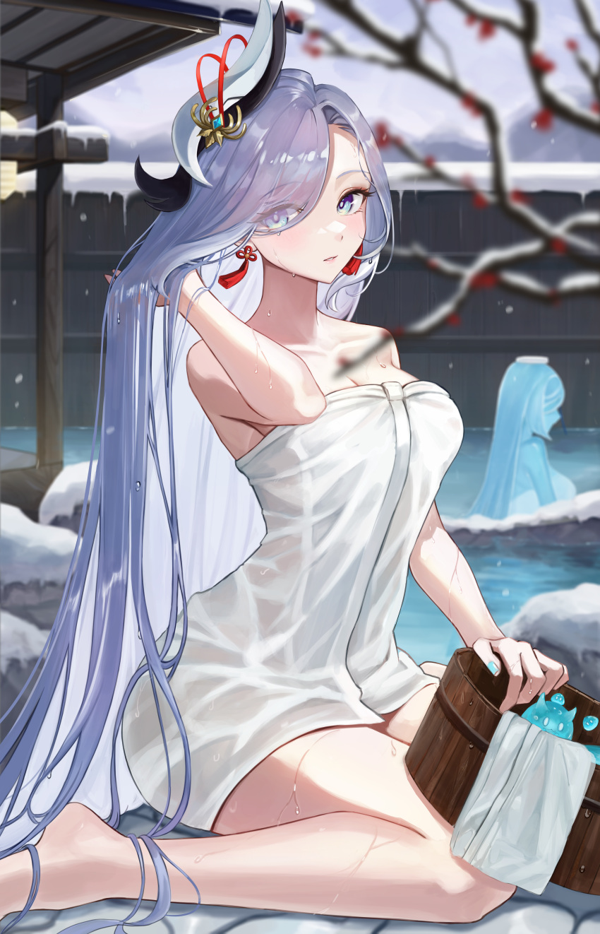 2girls absurdres bare_legs bare_shoulders barefoot blue_eyes breasts bucket cleavage genshin_impact grey_hair hair_ornament hair_over_one_eye hand_in_own_hair highres large_breasts legs long_hair looking_at_viewer multiple_girls naked_towel onsen open_mouth same-sex_bathing shared_bathing shenhe's_talisman_spirit_(genshin_impact) shenhe_(genshin_impact) shupami sitting slime_(genshin_impact) spirit thighs towel very_long_hair wariza wet wet_hair wet_towel white_towel wooden_bucket