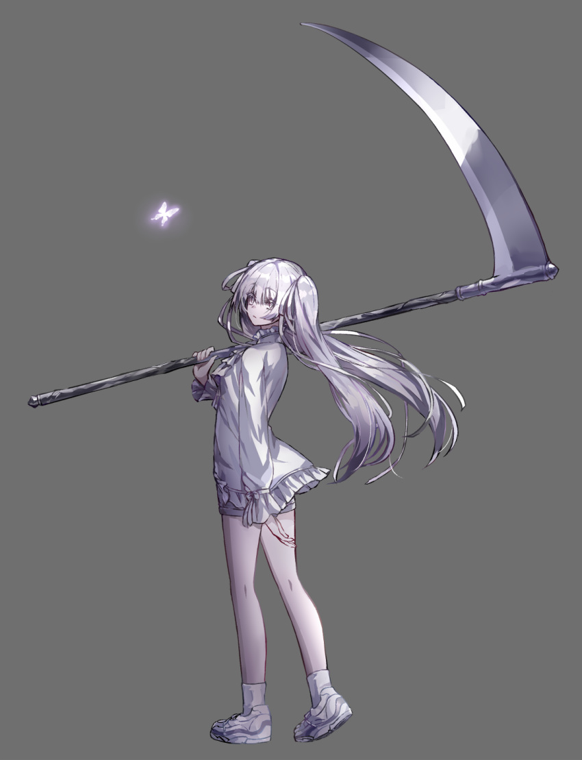 bug butterfly commentary expressionless female floating_hair from_behind full_body grey_background highres holding holding_scythe long_hair long_sleeves looking_at_viewer looking_back original ramuya_(lamb) scythe shirt shoes short_shorts shorts simple_background sneakers socks solo standing thighs twintails white_eyes white_footwear white_hair white_shirt white_shorts white_socks