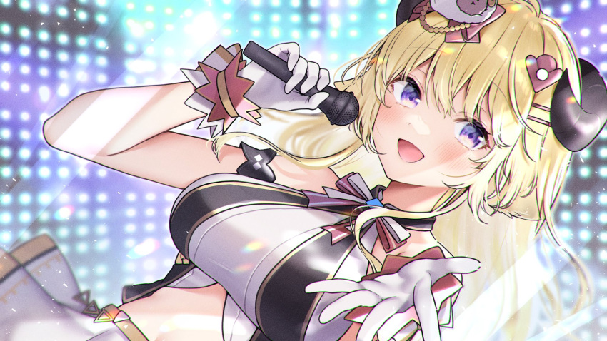 animal_ears bad_id bad_twitter_id blonde_hair blood bow bowtie breasts buta_tamako dutch_angle female gloves hair_ornament hairclip highres holding holding_microphone hololive hololive_idol_uniform horns idol idol_clothes large_breasts long_hair looking_at_viewer microphone midriff official_alternate_costume open_mouth outstretched_arm pleated_skirt purple_eyes sheep_ears sheep_girl sheep_hair_ornament sheep_horns shirt sidelocks skirt sleeveless sleeveless_shirt solo tsunomaki_watame virtual_youtuber white_gloves white_shirt white_skirt wrist_cuffs