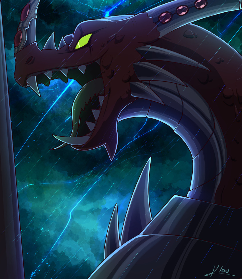 2019 ambiguous_gender bandai_namco digimon digimon_(species) dragon dramatic_lighting electricity examon gem green_eyes hi_res horn horn_jewelry jewelry kloudraws lightning mythological_creature mythological_scalie mythology open_mouth raining red_body red_scales scales scalie shaded signature solo teeth tongue tongue_out