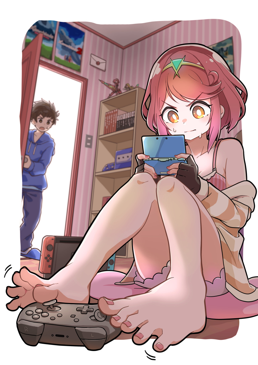 1boy absurdres bare_legs bare_shoulders barefoot bright_pupils brown_eyes collarbone controller envelope feet female fingerless_gloves fourth_wall game_console gamecube gloves hairband handheld_game_console highres hood hoodie indoors legs merugamu_melgum nail_polish nintendo_3ds nintendo_switch nintendo_switch_pro_controller outside_border pajamas pink_hair playing_games prehensile_toes pyra_(xenoblade) rex_(xenoblade) shelf sitting slippers smash_invitation spread_toes sweat toenail_polish toenails toes xenoblade_chronicles_(series) xenoblade_chronicles_2