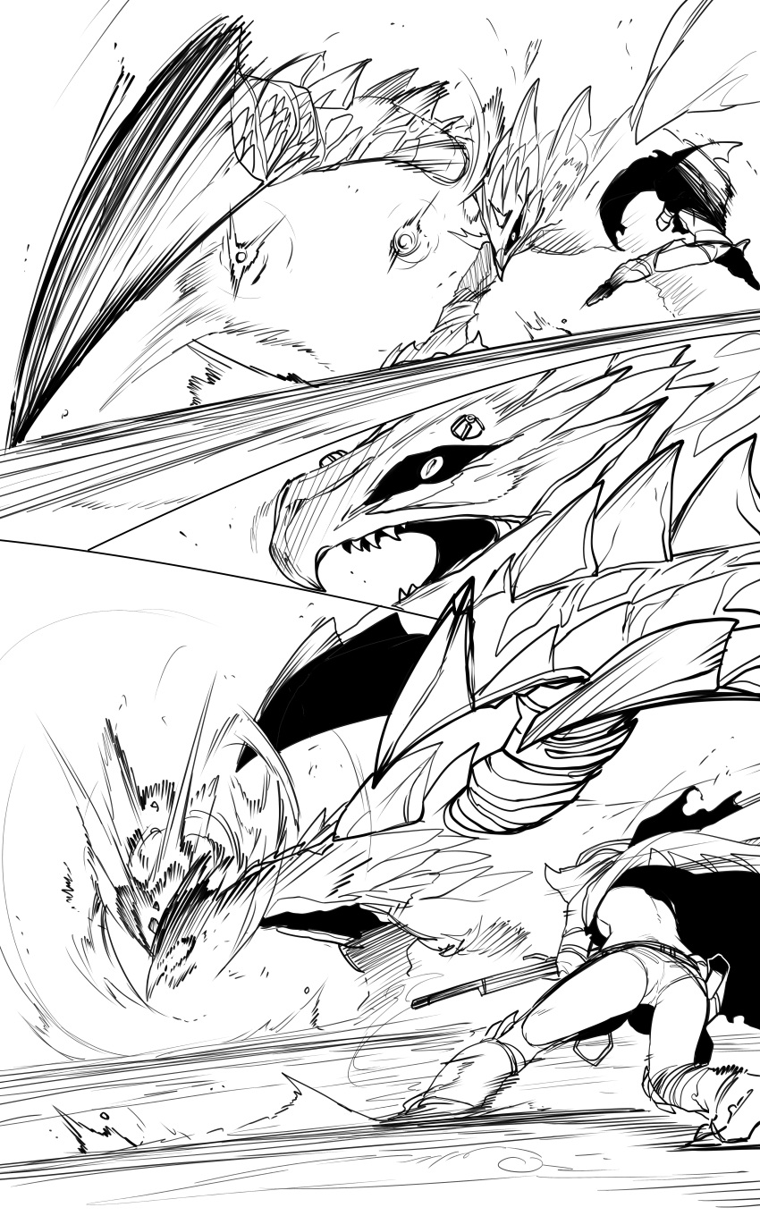 absurdres ass battle cape facing_away female fighting from_behind greyscale gun highres holding holding_gun holding_weapon monochrome monster monster_hunter_(character) monster_hunter_(series) niwarhythm rifle valstrax weapon wroggi_(armor)