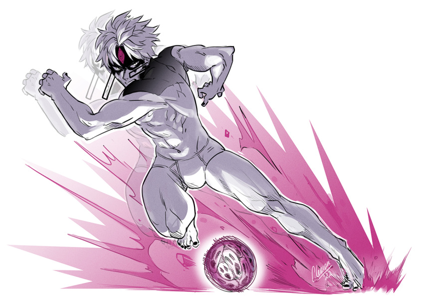 1boy ball black_nails cathiane dandadan earrings evil_eye_(dandadan) facial_mark jewelry jin_enjoji leg_up looking_at_viewer male_focus monochrome no_pants short_hair simple_background soccer soccer_ball solo spiked_hair spot_color third_eye topless_male underwear white_background