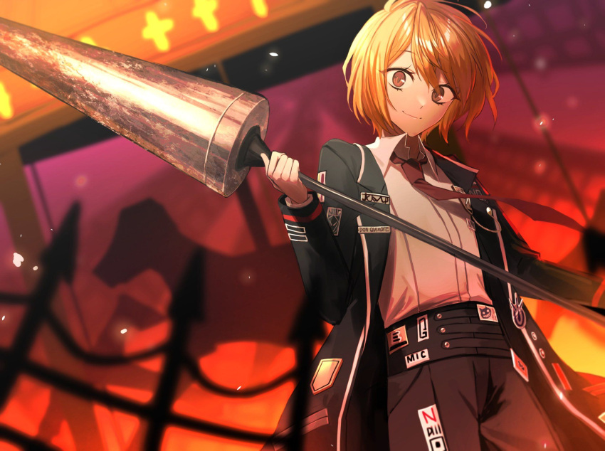 bangs black_jacket black_pants blonde_hair carousel don_quixote_(limbus_company) female highres jacket lance limbus_company necktie otoshiro_kosame pants polearm project_moon red_necktie weapon yellow_eyes