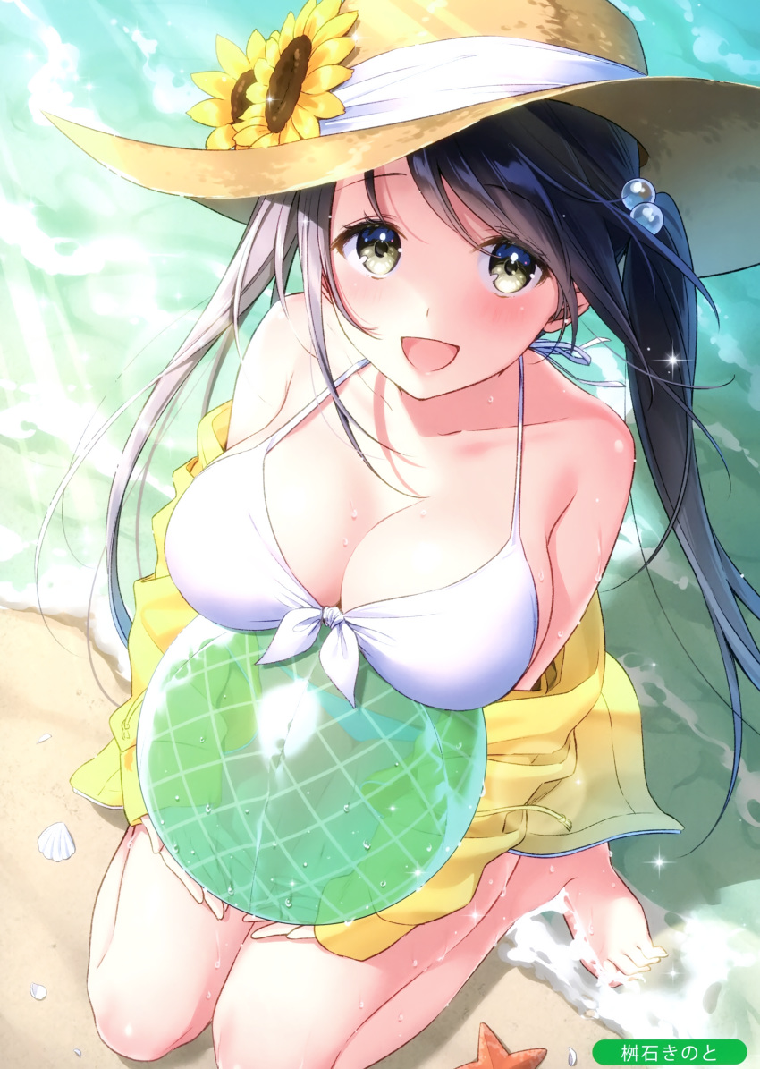 :d absurdres artist_name ball bare_legs bare_shoulders barefoot beach beachball bikini black_hair blush breasts brown_eyes brown_hat cleavage collarbone day female flower from_above front-tie_bikini_top front-tie_top halterneck hat hat_flower hat_ribbon highres jacket kneeling large_breasts long_hair long_sleeves looking_at_viewer masuishi_kinoto melonbooks off_shoulder open_clothes open_jacket open_mouth outdoors ribbon sand scan smile solo sun_hat sunflower sunlight swimsuit swimsuit_cover-up twintails water wet white_bikini white_ribbon yellow_flower yellow_jacket