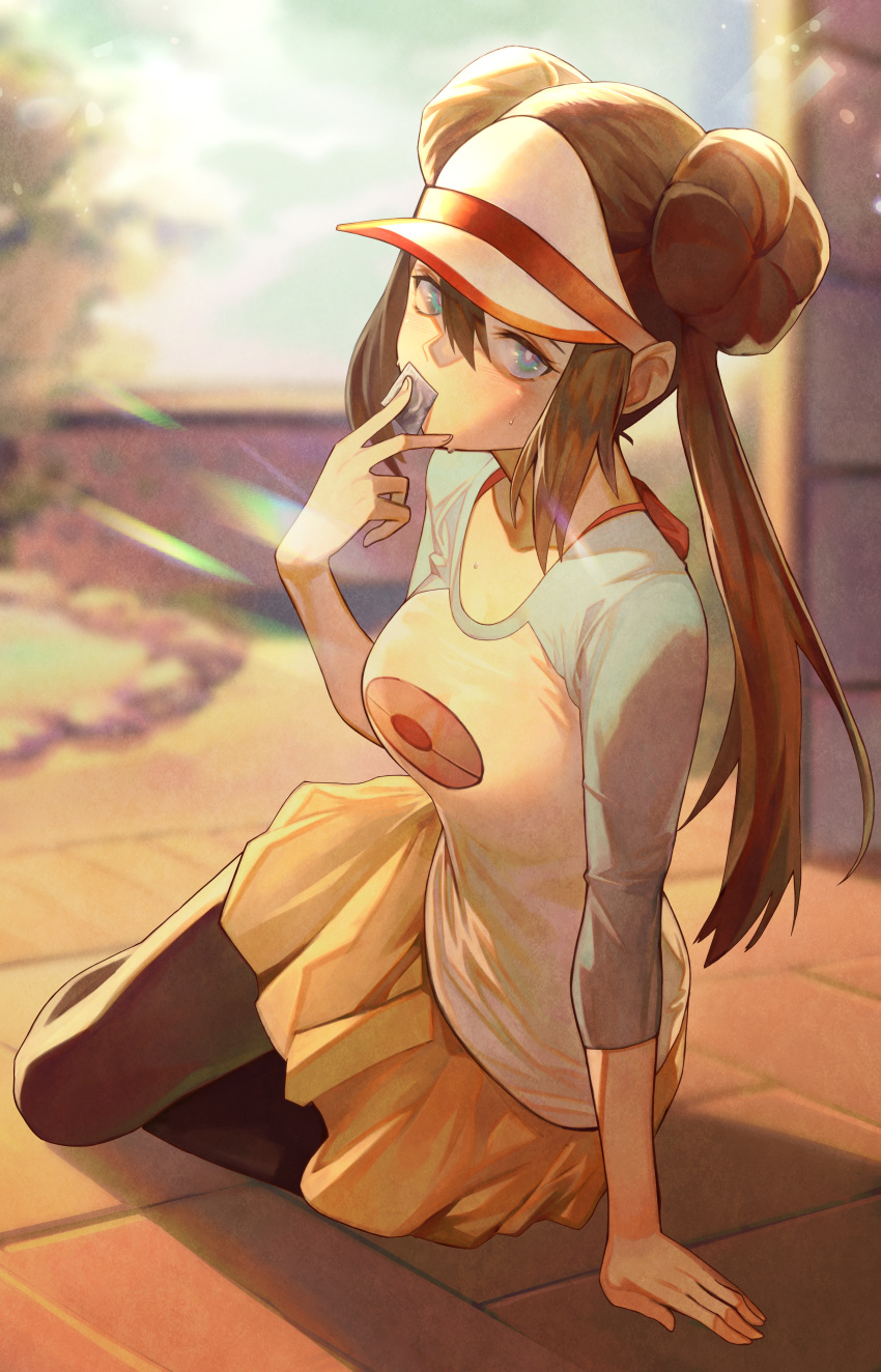 absurdres bad_id bad_pixiv_id black_pantyhose blue_eyes blush breasts brown_hair commentary_request condom condom_wrapper double_bun female gyudong123 hair_bun highres holding holding_condom large_breasts long_hair looking_at_viewer pantyhose pokemon pokemon_bw2 raglan_sleeves rosa_(pokemon) sitting skirt smile solo twintails visor_cap yellow_skirt