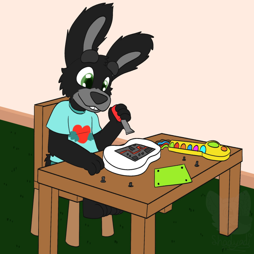 1:1 2021 anthro biped chair clothing detailed_background fur furniture hi_res lagomorph leporid male mammal rabbit shadow_(shadyadi1) shadyadi shirt sitting smile solo table topwear