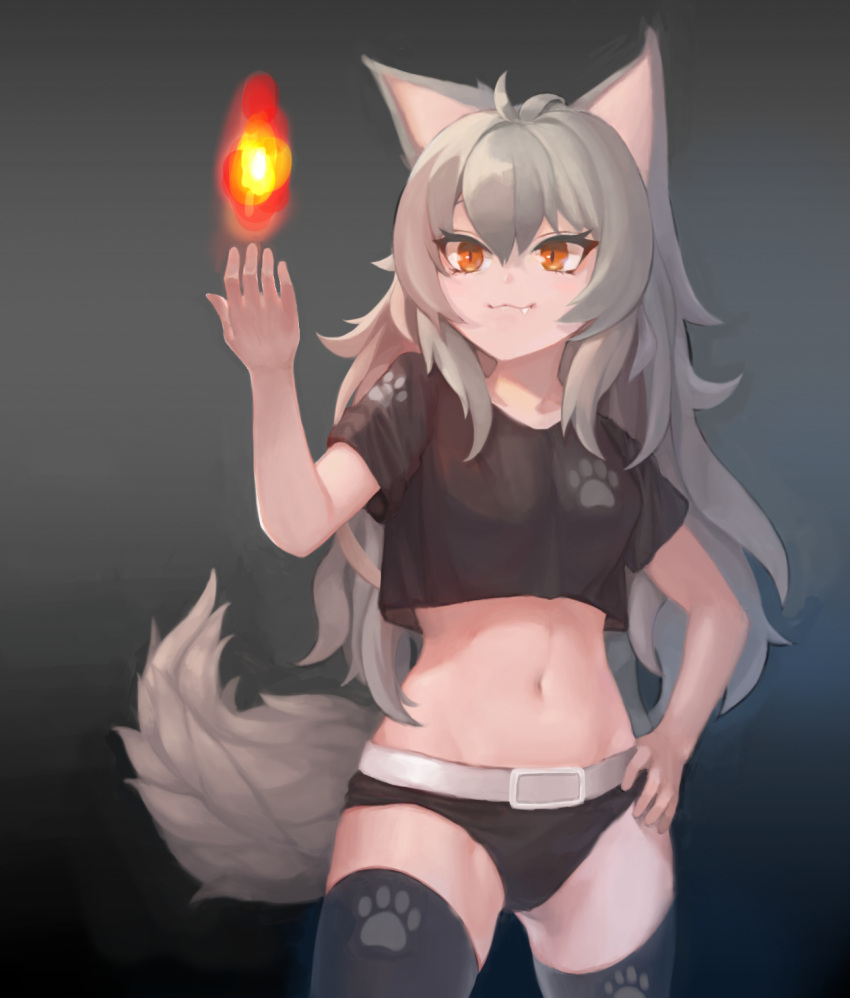 :3 animal_ears black_panties black_thighhighs crop_top echidna_wars_dx fang_out female fire grey_hair hand_on_own_hip highres korean_commentary long_hair midriff myomu navel oerba_yun_fang panties paw_print sachiho solo stomach tail thighhighs underwear wolf_ears wolf_tail