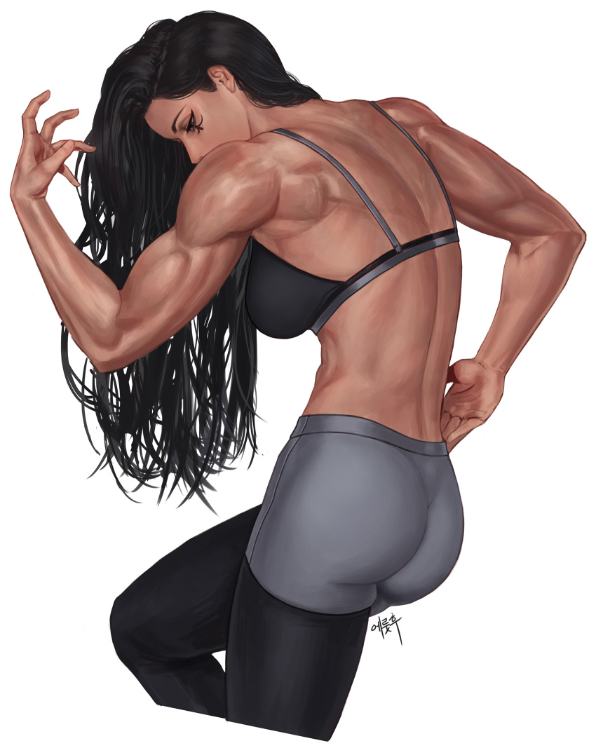 aged_down ana_(overwatch) back biceps black_hair black_sports_bra captain_amari dark_skin eruthu facial_tattoo female flexing hand_up highres korean_commentary long_hair muscular muscular_female overwatch overwatch_1 pants pose signature solo sports_bra sportswear tattoo white_background yoga_pants