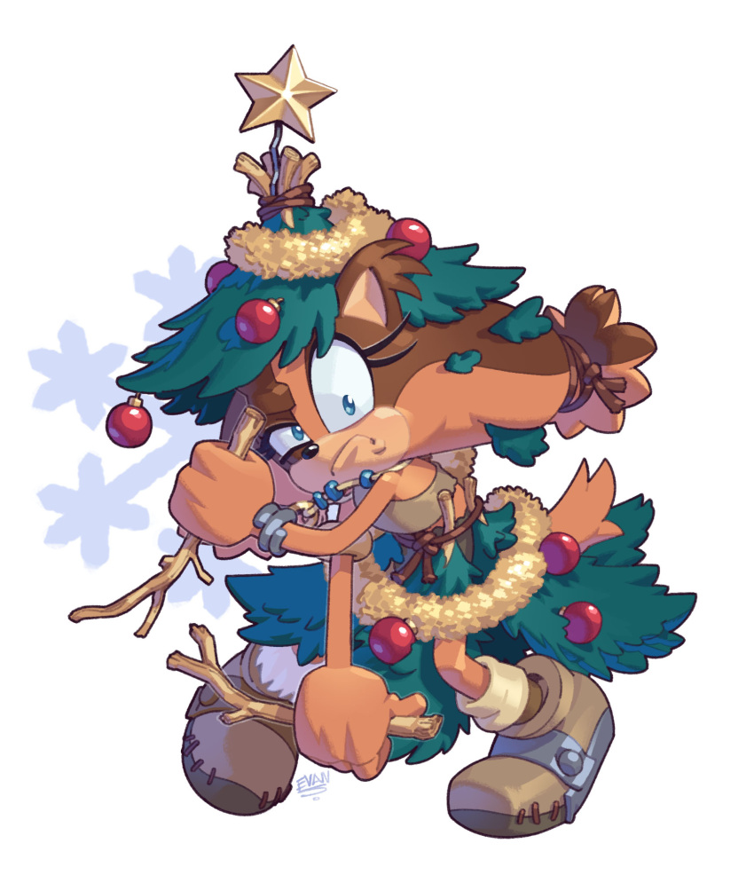 blue_eyes bracelet brown_fur christmas christmas_ornaments christmas_tree evan_stanley female fighting_stance hairband highres jewelry looking_at_viewer multicolored_fur necklace orange_fur shoes sleeveless snowflakes sonic_(series) sonic_boom_(series) star_(symbol) stick sticks_the_badger tank_top wood