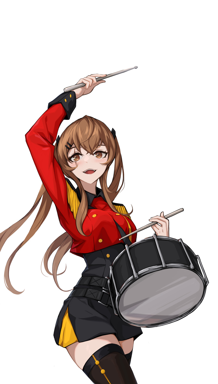 absurdres alternate_costume blush brown_eyes brown_hair copycat001 drum drumsticks female girls'_frontline highres holding holding_drumsticks instrument korean_commentary long_hair marching_band official_alternate_costume scar scar_across_eye scar_on_face simple_background solo ump9_(bolero_dance_bird)_(girls'_frontline) ump9_(girls'_frontline) white_background