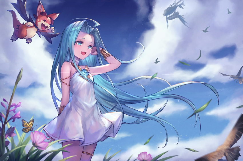 :d bare_shoulders bird blue_eyes blue_hair blue_sky bracelet bridal_garter bug butterfly choker cloud commentary_request day dress female flower granblue_fantasy grass highres jewelry long_hair lyria_(granblue_fantasy) open_mouth outdoors sachi_(160332) sky smile standing very_long_hair vyrn_(granblue_fantasy) white_choker white_dress wind