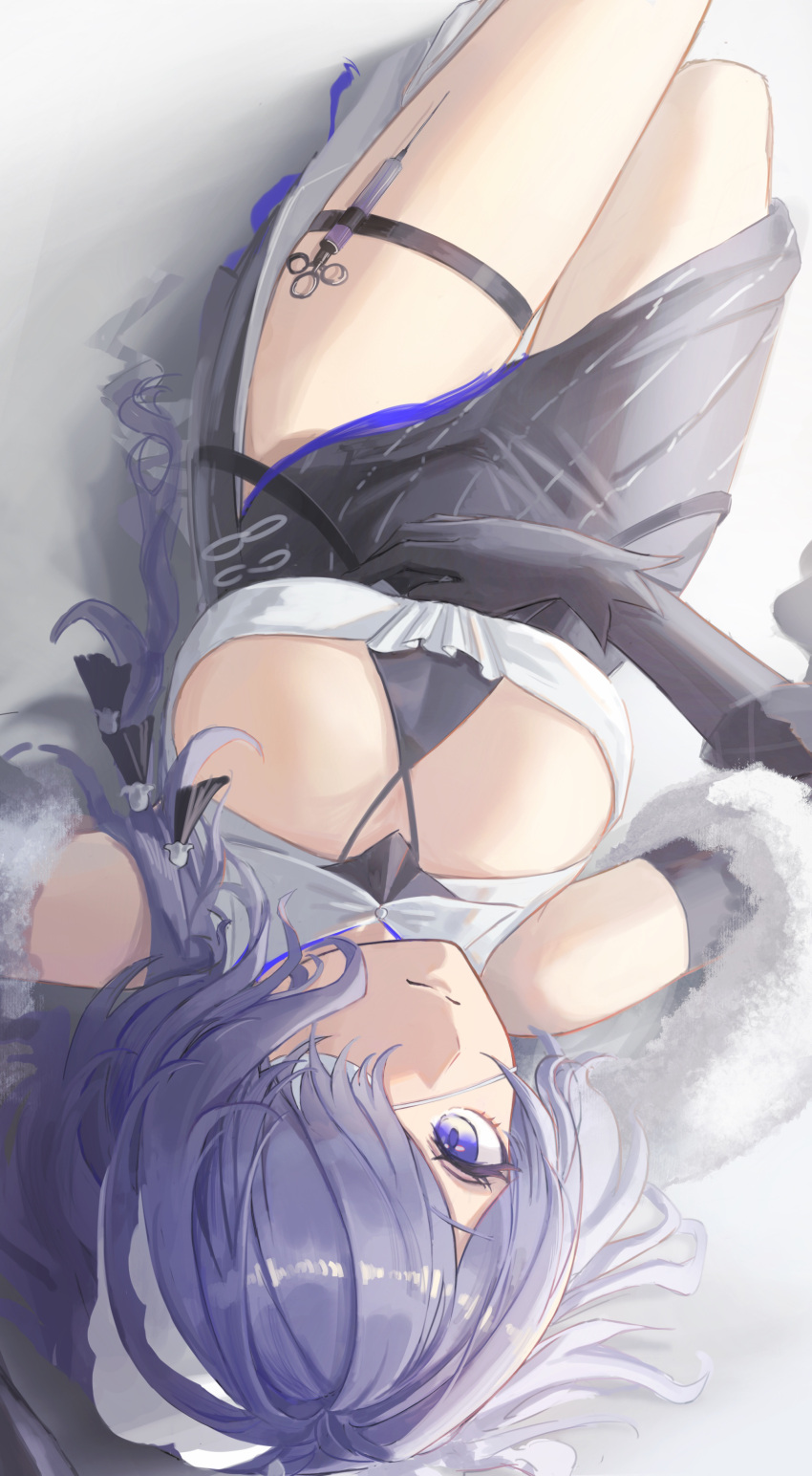 absurdres arknights black_gloves breasts closed_mouth elbow_gloves eyepatch female gloves hair_over_one_eye highres large_breasts long_hair looking_at_viewer on_ground purple_eyes purple_hair solo syringe tadano_tarako thigh_strap thighs upside-down whisperain_(arknights) whisperain_(tremble_cold)_(arknights)