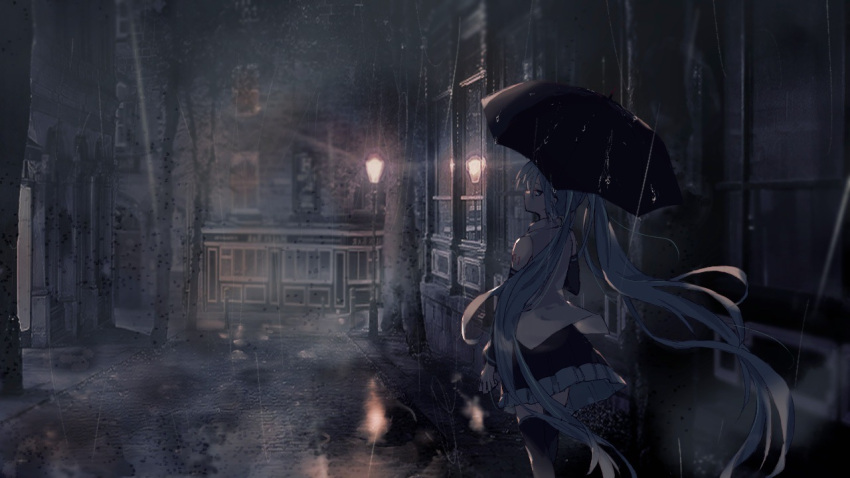 black_skirt black_sleeves black_thighhighs black_umbrella blue_hair commentary detached_sleeves female floating_hair grey_shirt hatsune_miku holding holding_umbrella k_futoshi_0n0 long_hair long_sleeves looking_at_viewer looking_back miniskirt night outdoors pavement pleated_skirt rain road shirt skirt sleeveless sleeveless_shirt solo street thighhighs umbrella very_long_hair vocaloid zettai_ryouiki