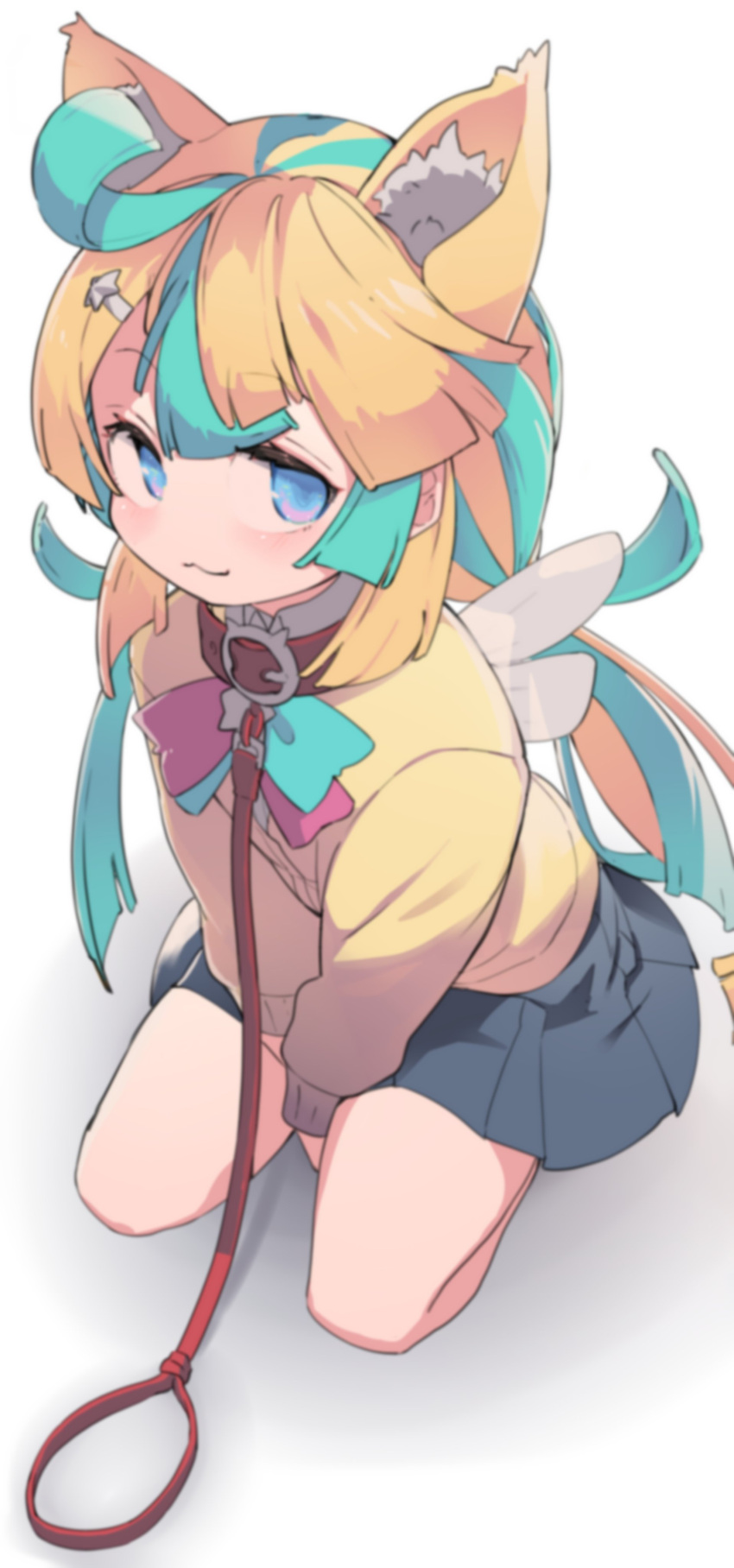 :3 absurdres amakawa_hano animal_ear_fluff animal_ears aqua_eyes asymmetrical_bangs blonde_hair blue_eyes blue_skirt blurry blush collar female hair_ornament highres leash long_hair long_sleeves looking_at_viewer multicolored_hair pleated_skirt re:act shimazaki1152 simple_background sitting skirt solo star_(symbol) star_hair_ornament virtual_youtuber white_background