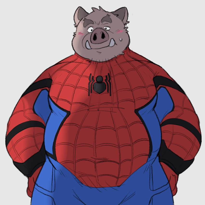 1:1 2022 anthro belly big_belly blush brown_body clothed clothing cosplay hi_res kemono male mammal marvel overweight overweight_male simple_background solo spider-man_(character) spider-man_(series) suid suina sus_(pig) whitebeast20 wild_boar