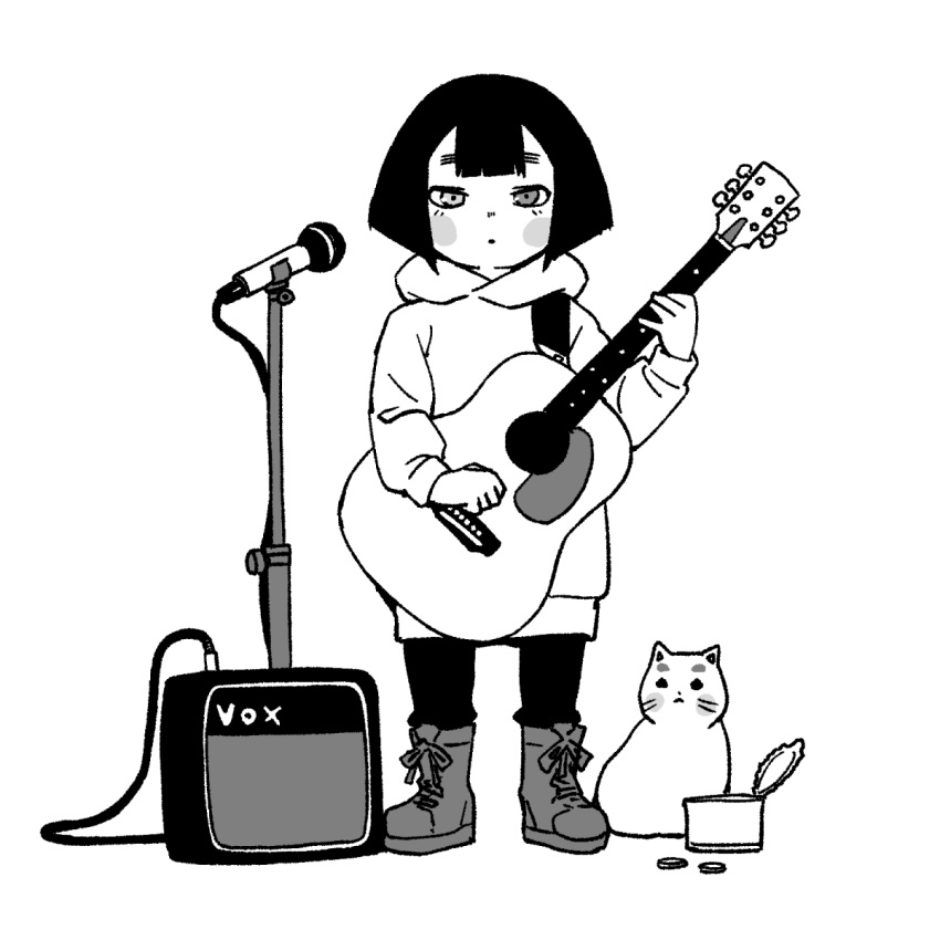 acoustic_guitar amplifier biwa_(heike_monogatari) blush_stickers boots bowl_cut can coin contemporary expressionless feline female full_body greyscale guitar heike_monogatari heterochromia highres hood hoodie instrument long_hoodie microphone microphone_stand monochrome onsen_tamago_(hs_egg) open_can short_hair simple_background white_background