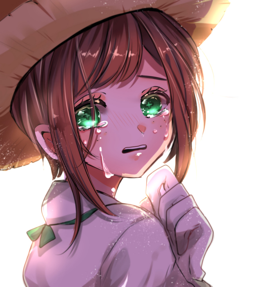 bad_id bad_pixiv_id blush brown_hair chigiri_kurenai commentary_request emma_woods female from_side gloves green_eyes hat highres identity_v looking_at_viewer parted_lips shirt short_hair sidelocks simple_background solo sun_hat tears teeth upper_teeth_only white_background white_gloves white_shirt