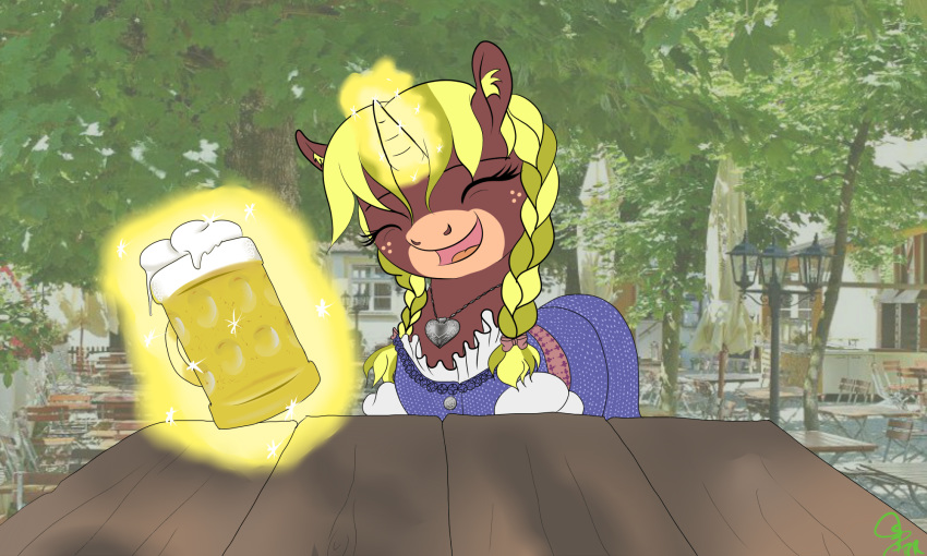 5:3 alcohol bavaria beer beverage blonde_hair brown_body brown_fur dirndl discordriderr34 equid equine fan_character female feral freckles fur hair hasbro hi_res mammal my_little_pony smile solo steveskunk twintails